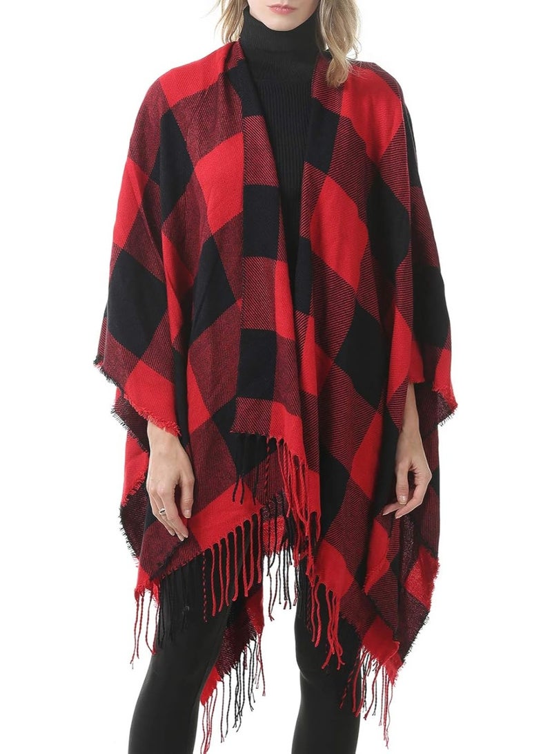 Zando Womens Tassel Plaid Shawls Printed Tartan Plaid Poncho Cape for Women Calssic Large Scarf Soft Blanket Shawls for Women Buffalo Red One Size - Image 1